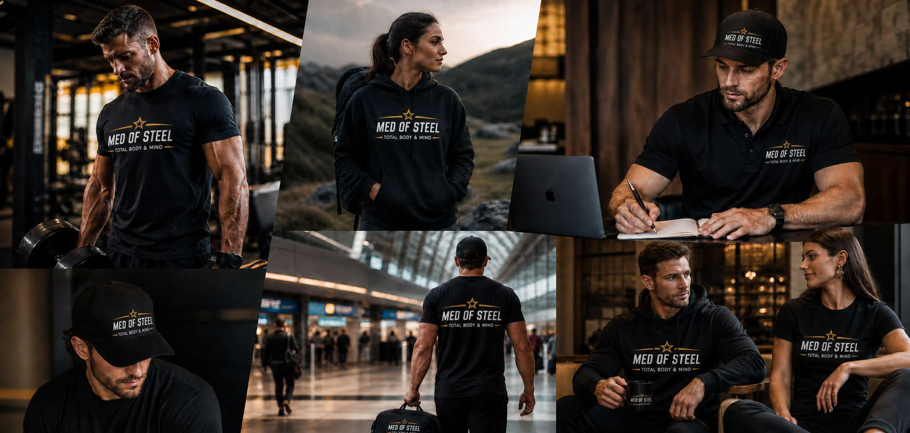 Adults wearing black apparel featuring the MED OF STEEL star and wordmark logo