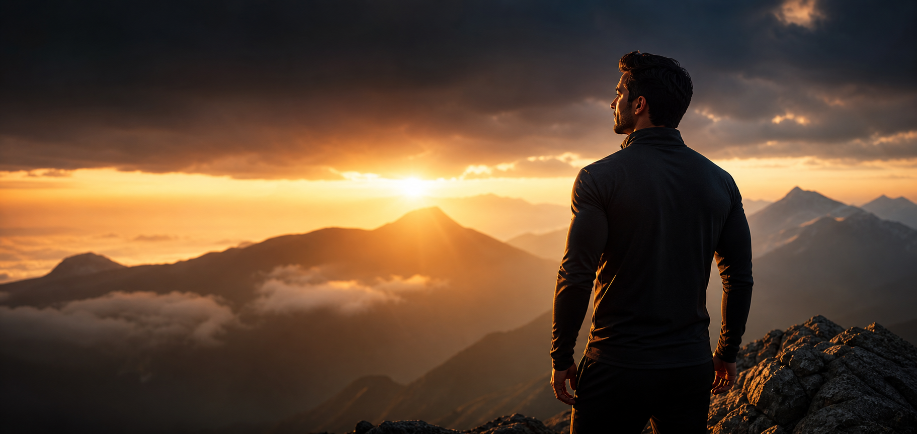 Confident adult overlooking a mountain landscape at sunrise