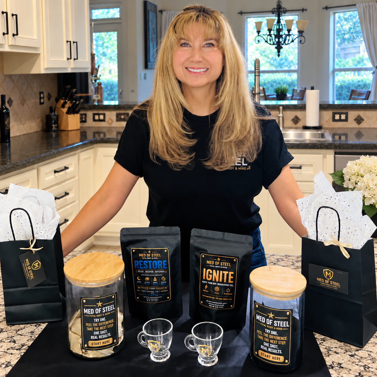 Janie, founder and product formulator of MED OF STEEL, with her products.