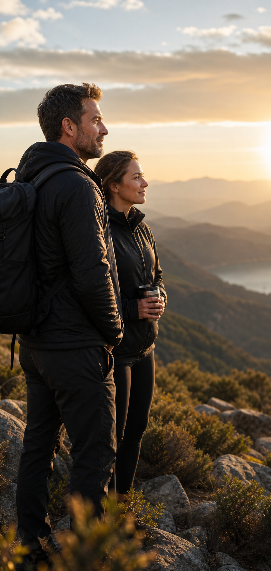 Healthy adults hiking together at sunrise