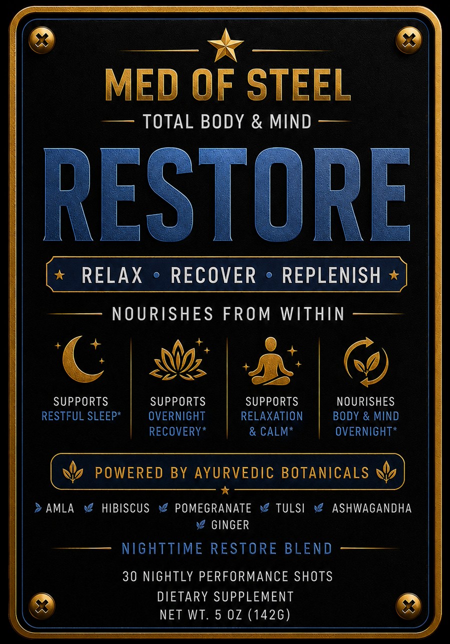 MED OF STEEL RESTORE nighttime ritual product label